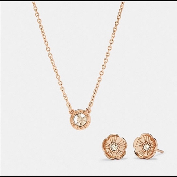 Coach Open Circle Necklace & Tea Rose Stud Earrings Set in Rose Gold NWT - Picture 3 of 7